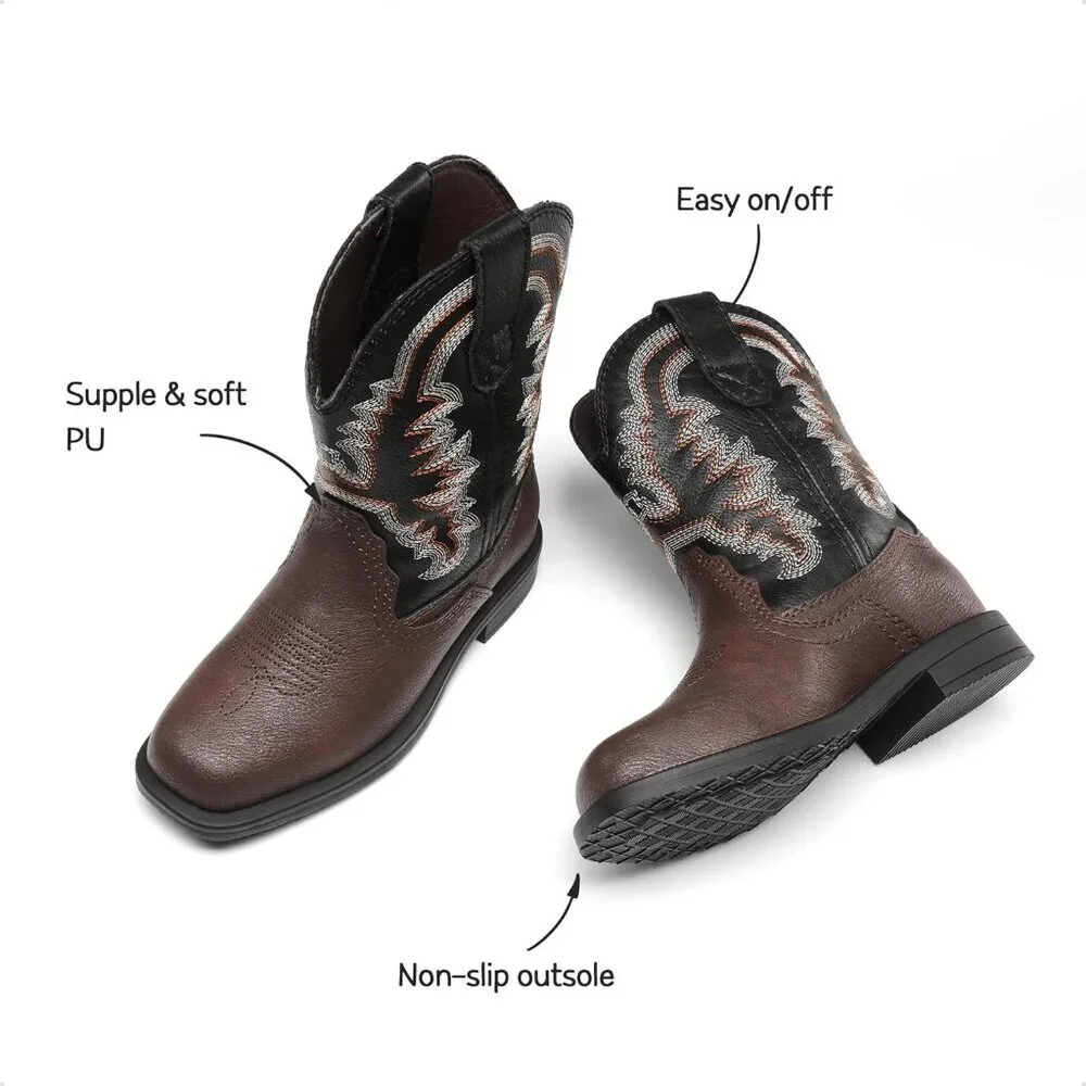 ⚡Girls Dark Brown Toddler Cowgirl Boots Western Square Toe Riding Mid Calf Boots